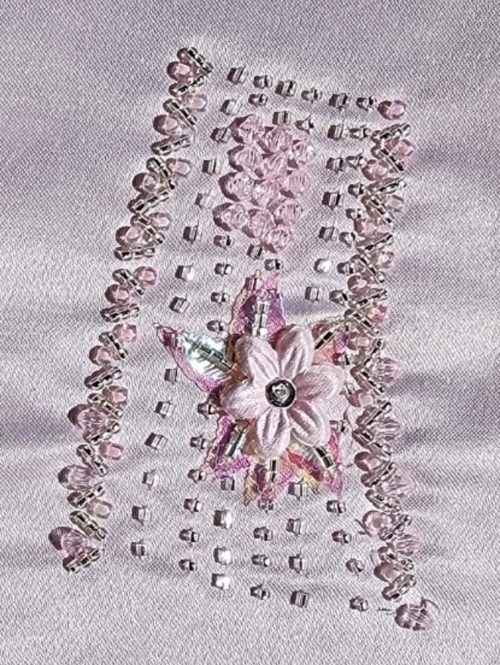 Vintage Embroidered & Beaded Floral Sampler Square Pink